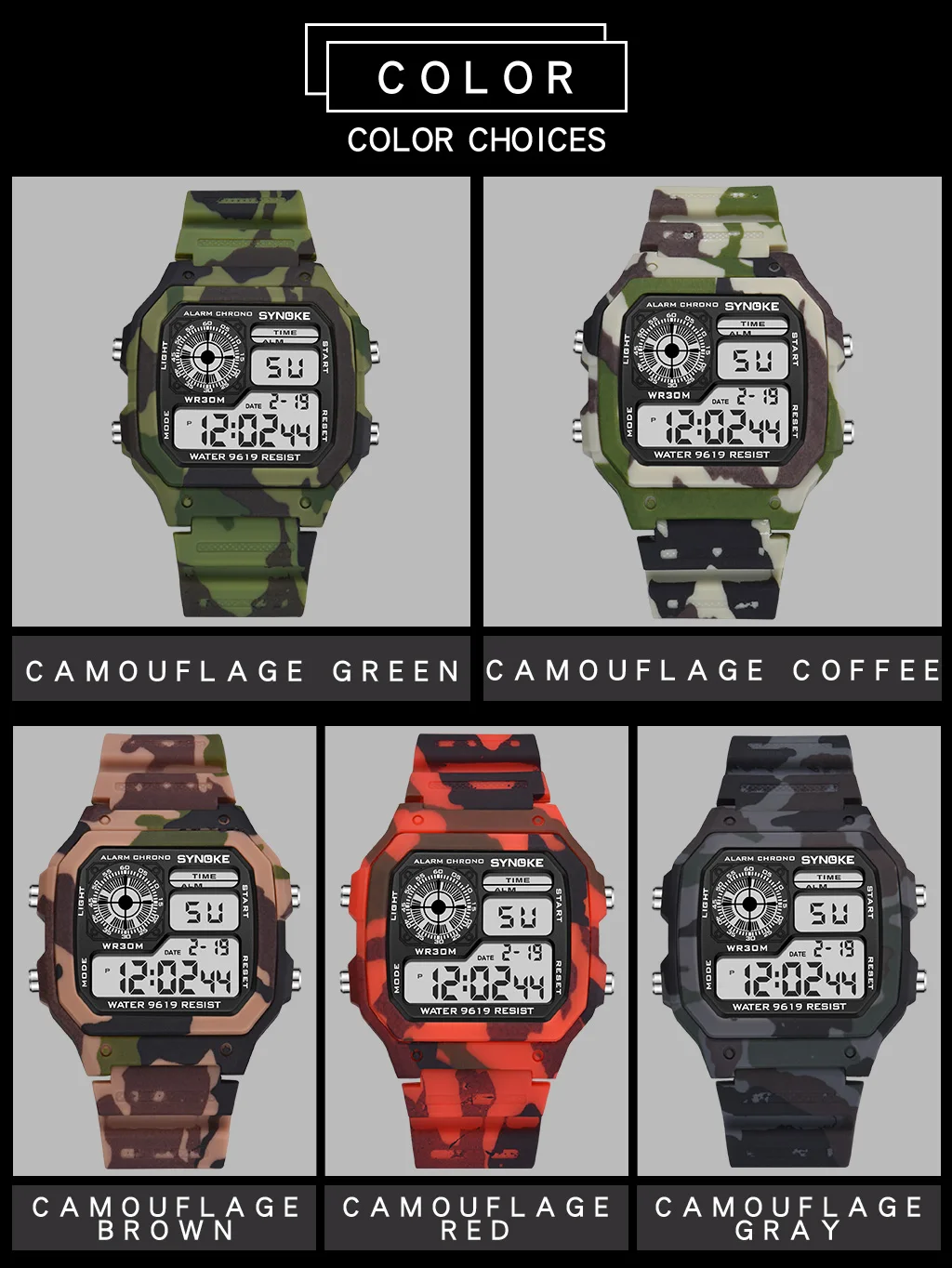 Camouflage Green Men Military Watch Luxury Outdoor Sports Waterproof Digital Watch Male LED Colourful Backlight Electronic Clock