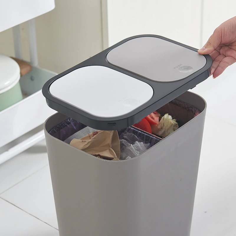 15L Trash Can Recycler with Lid Dual Compartment Kitchen Cabinet for Home Waste Garbage Bin Classified Recycle Dustbin | Дом и сад