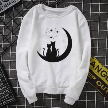 

New Korean Kpop Cute Hoodies Gothic Cat Looking Out Side Moon Phase Print Casual Long Sleeve Hoodie Sexy Kawaii Tops Sweatshirt