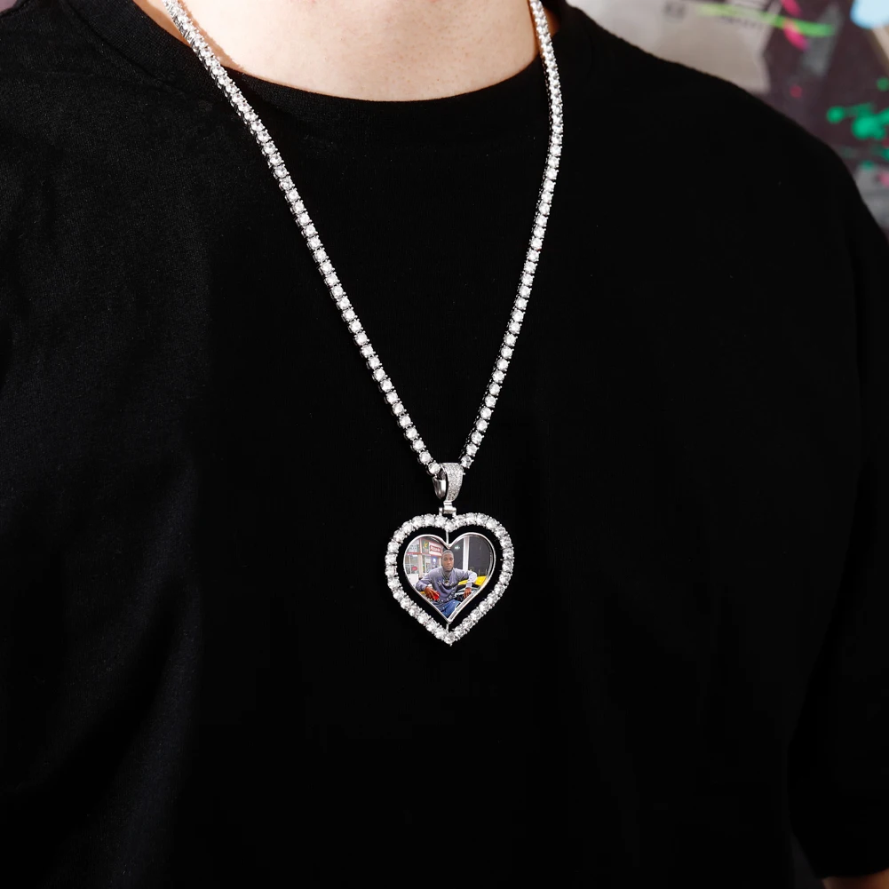 TOPGRILLZ Heart Shaped Custom Photo Spin Double Sided Medallion Pendant Necklace With 4mm Tennis Chain Zircon Hip Hop Jewelry