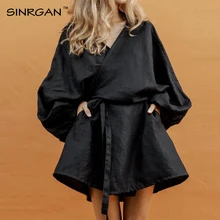 SINRGAN/черное платье с длинным рукавом для женщин; сезон весна-осень; платье в японском стиле; большие размеры; однотонное свободное платье из хлопка и льна
