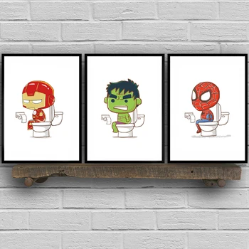 

Super Hero Cartoon Canvas Posters and Prints Kids Boys Gift Superhero Funny Toilet WC Sign Art Painting Bathroom Wall Art Decor