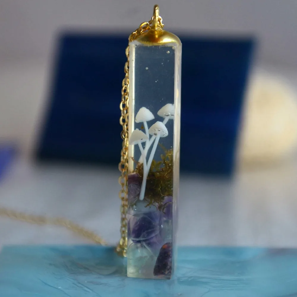Гриб 3D лесной пейзаж прозрачный кубик смолы Золотой цвет кулон ожерелье на длинной цепочке для женщин Boho модные ювелирные изделия в богемном стиле