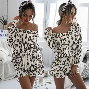 

Women Pajama Sets Leopard Printing Pullover Long Sleeve Top Shorts Set Sexy Slash Neck Breathable Home Clothes Suit Pajamas Sets