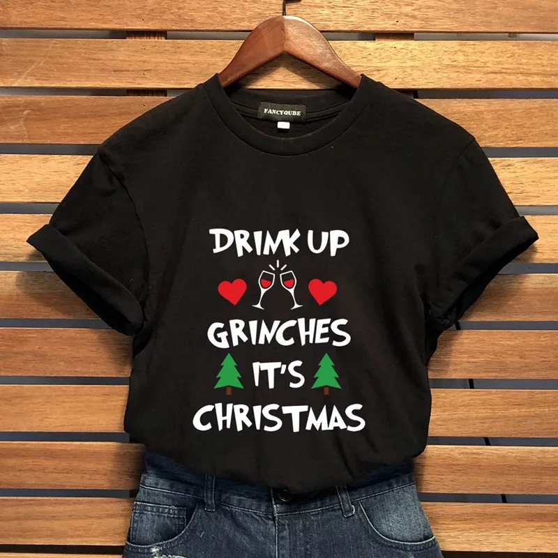 Футболка с надписью DRINK UP GRINCHES, Женская рождественская футболка с коротким рукавом и круглым вырезом, Женская Повседневная Уличная одежда, пуловер Harajuku, топы