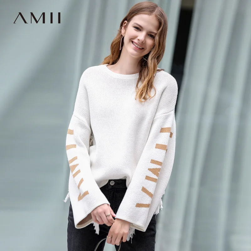 

Amii Minimalism Causal Letter Knit Pullover Women Spring Oneck Full Sleeves Loose Sweater 11890006