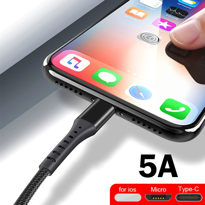 USB Мобильный телефон 5A Android супер зарядное устройство USB линия передачи данных быстрое зарядное устройство кабель для iOS 1 м USB кабель для зарядки данных type-C Micro