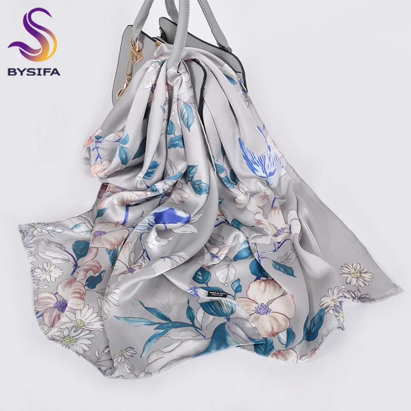 silver grey floral Дамы тутового шелка длинный шарф Обертывания Горячая виноградный цветок размера плюс шелковый шарф благородный элегантный женский шаль накидка 178*55 см зеленый - Цвет: silver grey floral