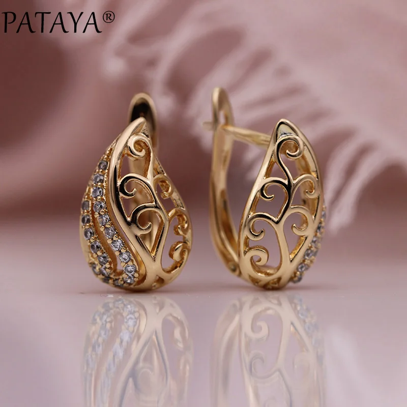 PATAYA New Unique Flame Water Drop Dangle Earrings 585 Rose Gold White Round Natural Zircon Hollow Earring Women Fashion Jewelry - Image 2