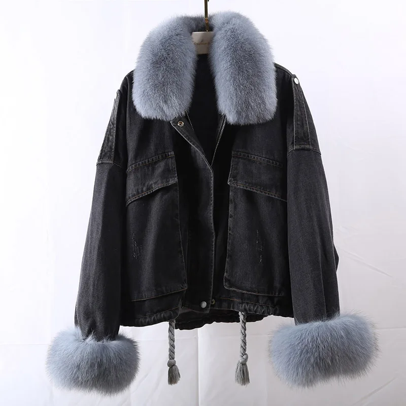 

2019 Winter Denim Fur Coat Natural Fox Fur Collar Rex Rabbit Fur Iiner Jacket New Fashion Parka Thick Warm Real Fur Coat