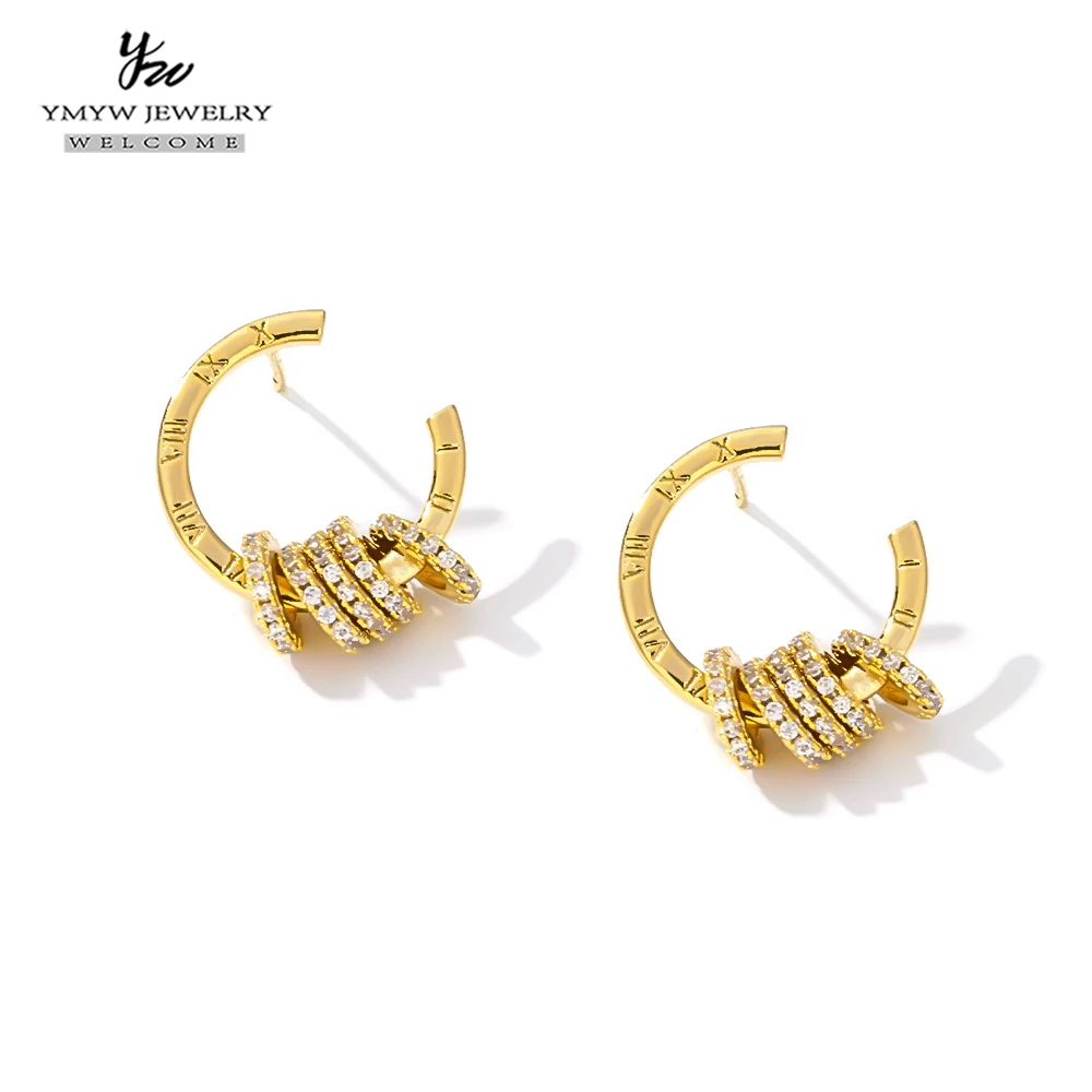 YMYW Korean Exquisite Geometric Stud Earrings Bling Cubic Zirconia Jewelry Delicate Gold Color for Women Orecchini Gift | Украшения и