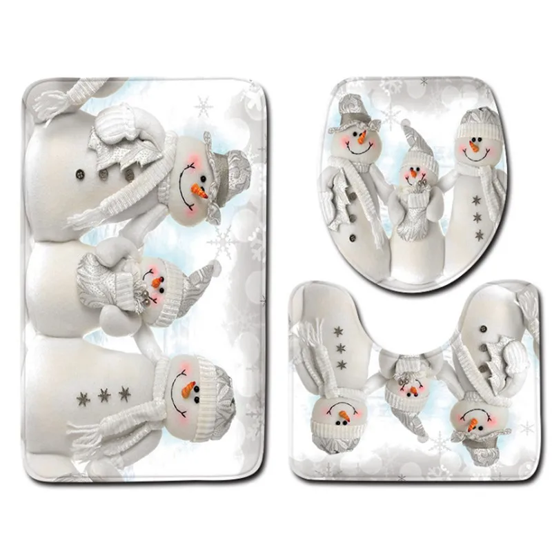  3 pieces/Set Cartoon Christmas Snowman Pattern Soft Anti-silp Bath Mat Flannel Contour Rug Lid Toil