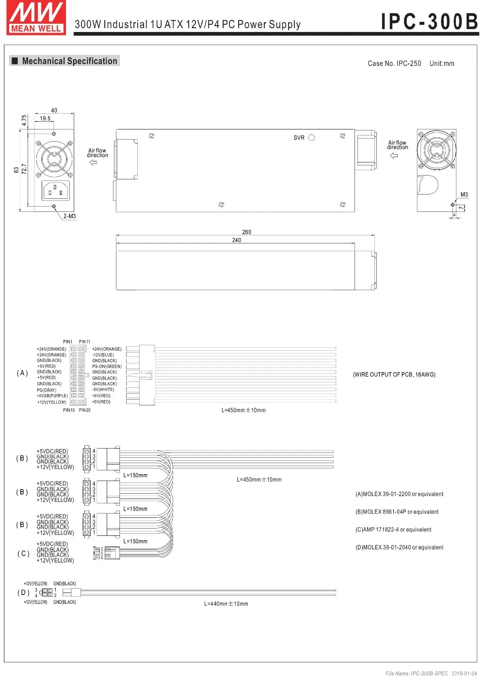Mean Well IPC-300A meanwell 300W промышленный 1U ATX 12 V/P4 PC источник питания
