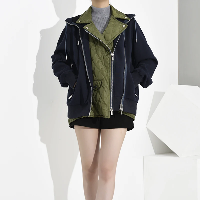 price reduction  [EAM] Loose Fit Blue Contrast Color Split Joint Jacket New Lapel Long Sleeve Women Coat Fashion Tid