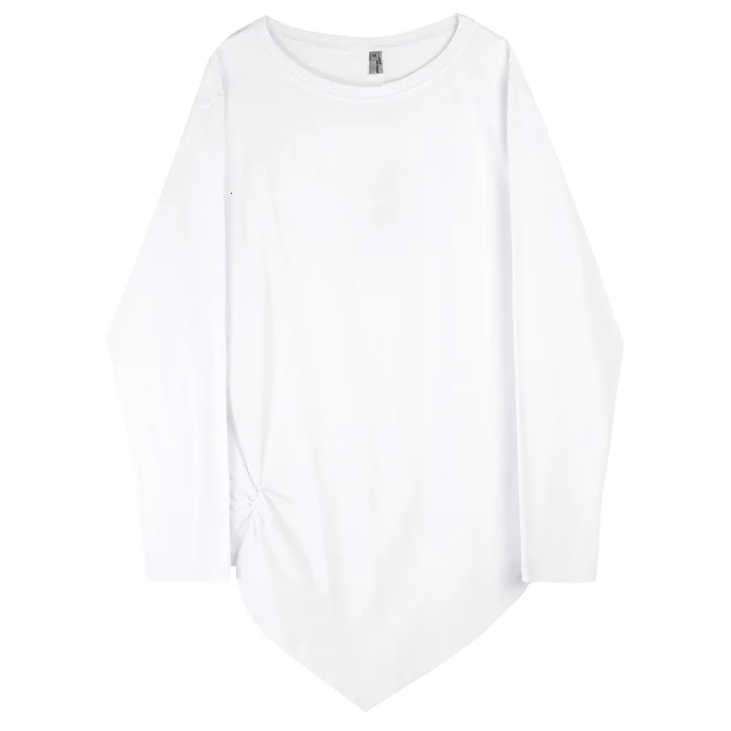 [EAM] женская черная плиссированная Асимметричная футболка с разрезом, новая модная футболка с круглым вырезом и длинным рукавом, весна-осень 19A-a599 - Цвет: white