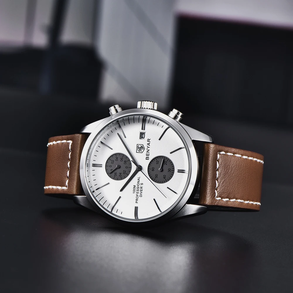 2021 BENYAR New Sports Watch for Men Top Brand Leather Waterproof Chronograph Men Military Men Quartz Wristwatches reloj hombre
