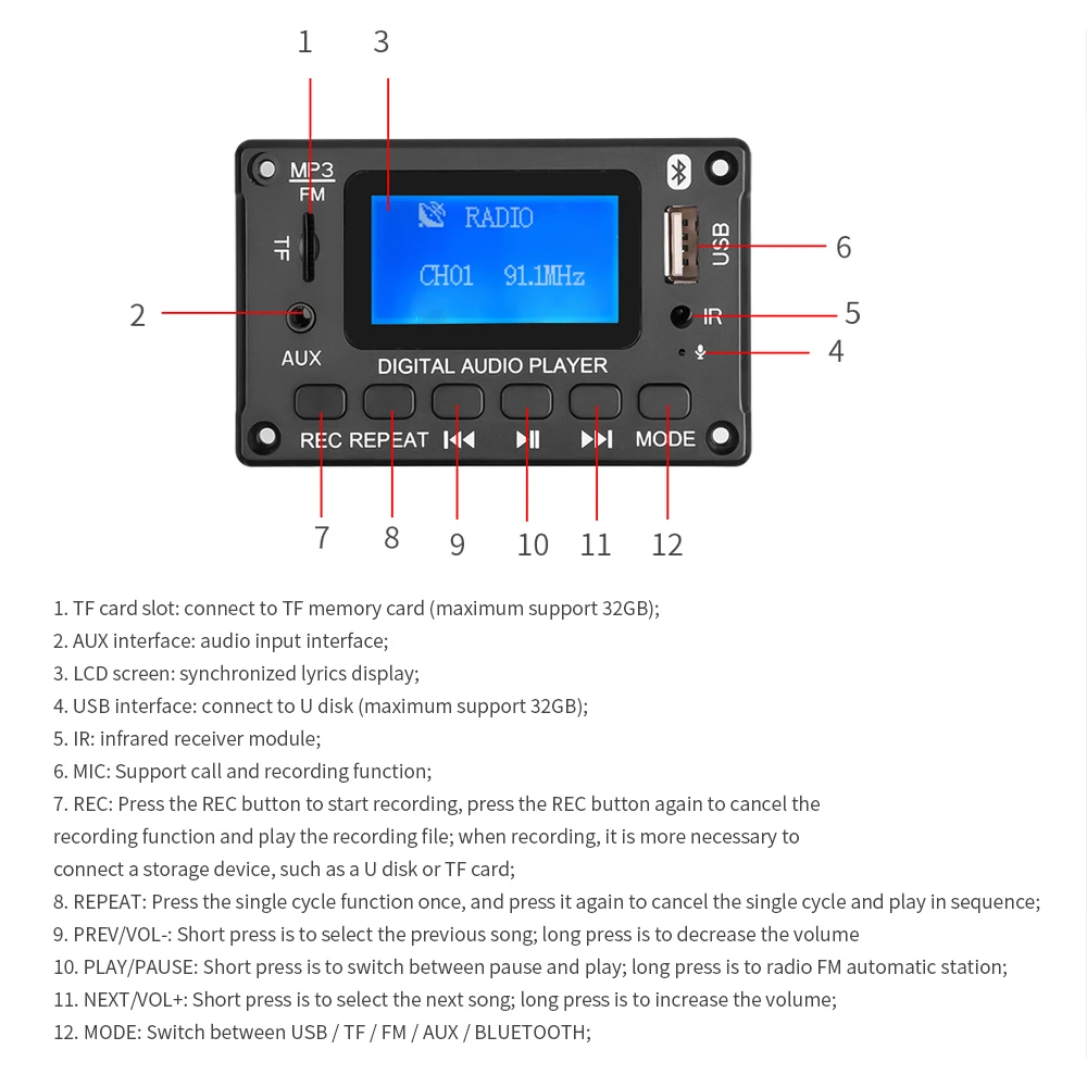 LCD ÷  MP3 ڴ  5V 12V ڵ MP3 ÷̾, USB   FM AUX  Ŀ 