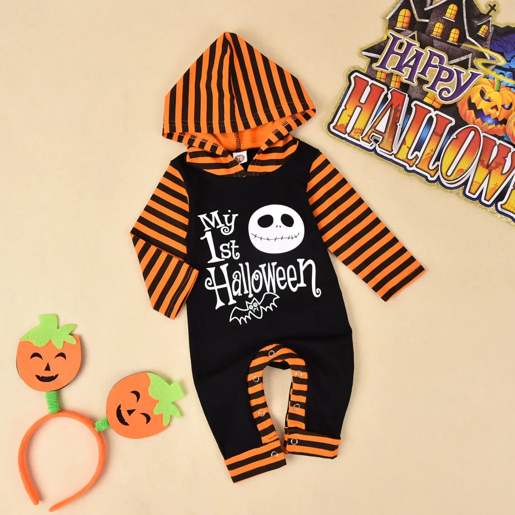 (0-18M) Infant Halloween striped jumpsuit with hood my 1st halloween hooded letter jumpsuit Halloween costume baby clothes F4