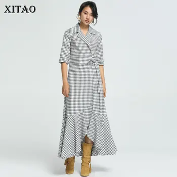 

XITAO Plaid Irregular Dress Fashion Small Fresh Bandage Pleated Long Goddess Fan Patchwork Minority Casual Dress DMY2160