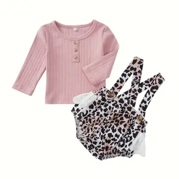 

Cute Leopard Newborn Toddler Baby Girls Clothes Set Soft Knitted Long Sleeve T Shirt tops Lace Ruffles Shorts Overalls