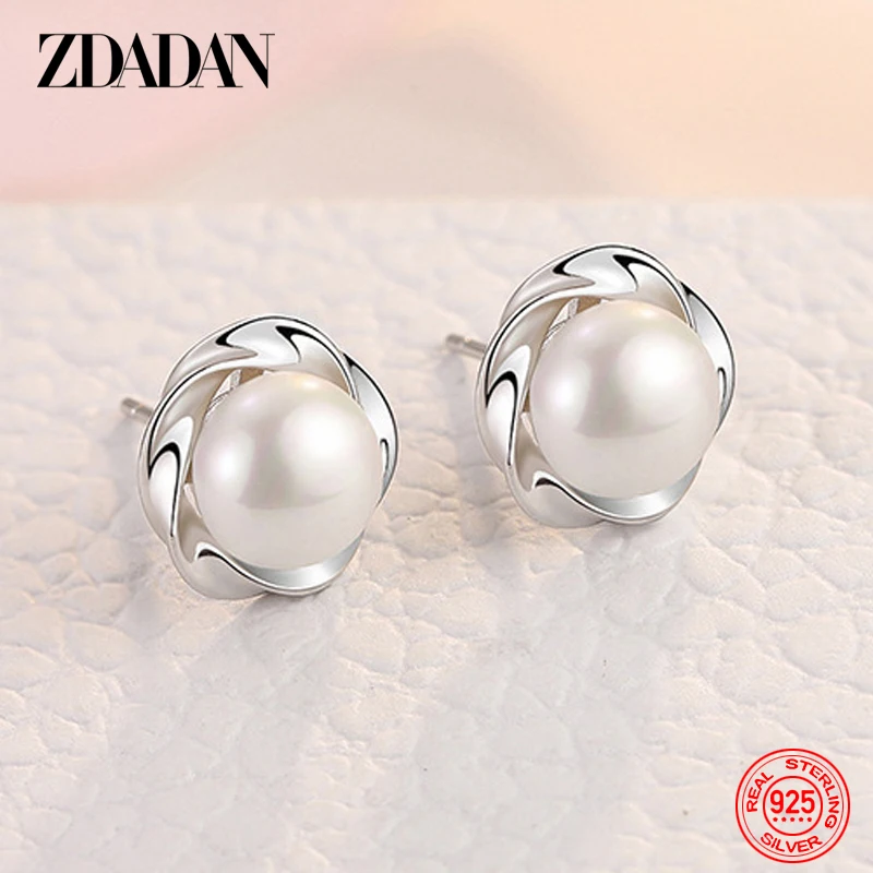 ZDADAN 925 Sterling Silver Charm Geometric Pearl CZ Stud Earrings For Women Fashion Engagement Jewelry Party Gift Wholesale