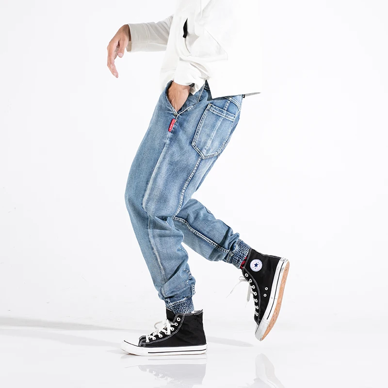 Fashion Streetwear Men Jeans Blue Spliced Designer Loose Fit Denim Cargo Pants Harem Jeans Streetwear Hip 2