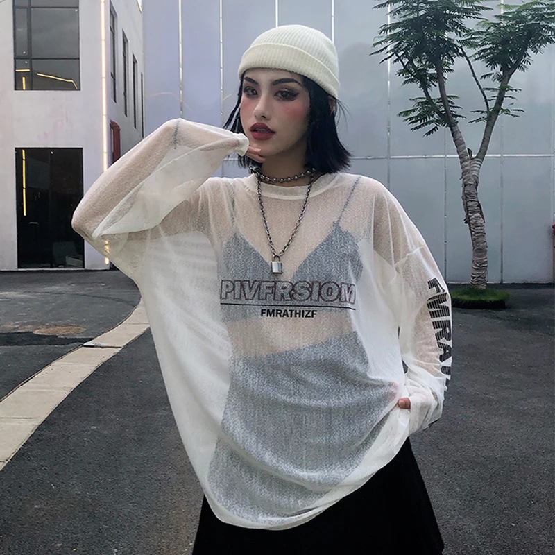 Camiseta coreana 2020 ins Harajuku estilo de Hong Kong, Camiseta holgada de gasa de malla con estampado de letras, ropa de verano, camiseta de manga larga para mujer|Camisetas| - AliExpress