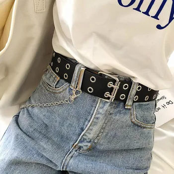 

Fashion Harajuku Women Punk Chain Belt Adjustable Black Double/Single Eyelet Grommet Metal Buckle Leather Waistband For Jeans