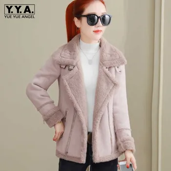 

Suede Lambswool Motorcycle Jacket Female Autumn Winter New Loose Thicken Warm Short Coats Fashion Zipper Pink Outerwear S-2XL