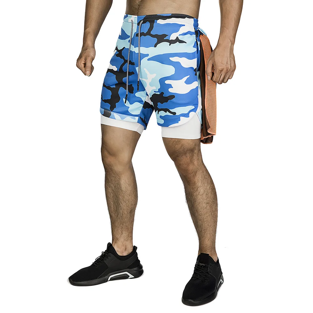 Мужские шорты 2 в 1 для бега на открытом воздухе с внутренним слоем, с регулировкой талии, для фитнеса, для спортзала, спортивные короткие Чехлы для телефона, мужские двухслойные шорты - Цвет: camouflage blue