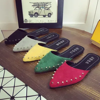 

2020 Women Flats Shoes Female Half-dragging Women's Tip Rivet Slippers Women's Shoes Daily Candy Color Flip Flops Outdoor Slides