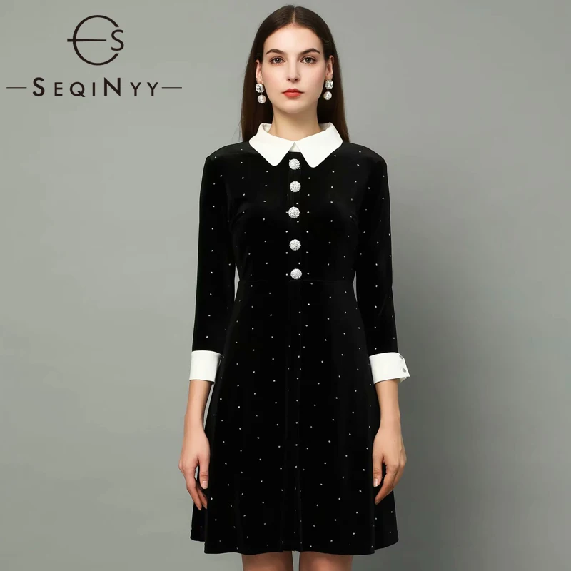 

SEQINYY Velvet Dress 2020 Spring Autumn New Fashion Design Women 3/4 Sleeve Crystal Button Slim Bling Mini Black Dress