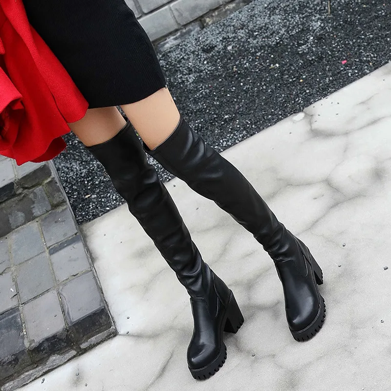 Г. Новые пикантные Зимние ботфорты эластичные сапоги на толстых тонких ножках, кожаные высокие сапоги женские сапоги на высоком каблуке A012