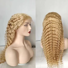 613 deep wave  lace front human hair wig 13x4inch Transparent HD swiss lace preplucked hair wig 150% density remy light blonde