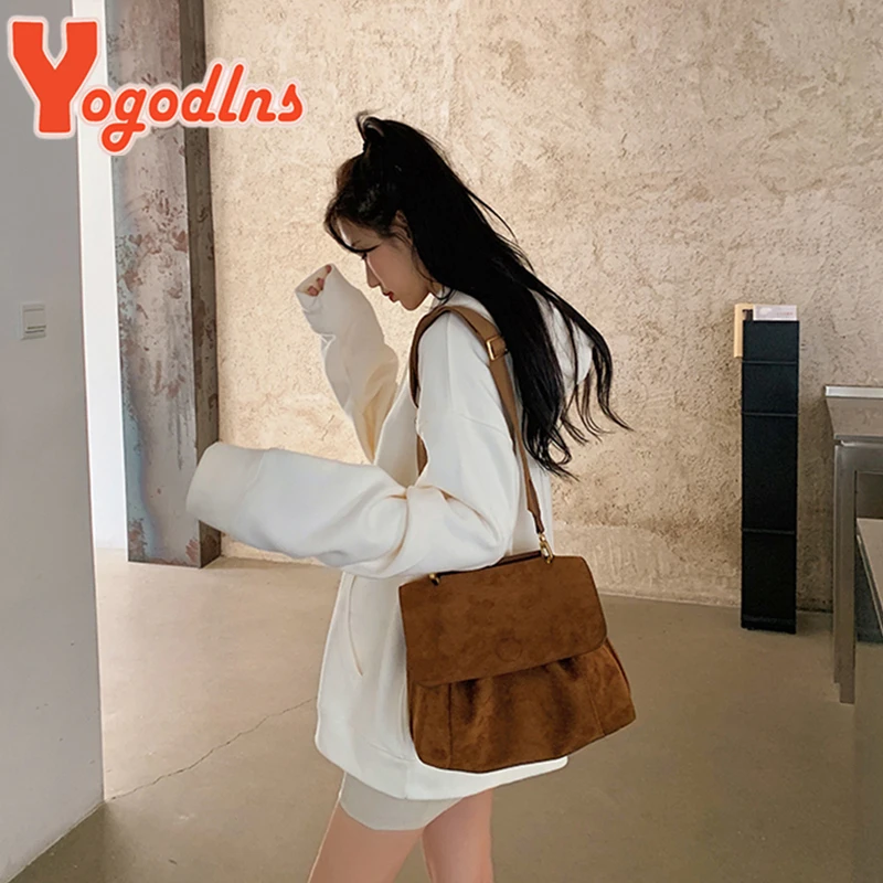 Yogodlns Autumn Winter Fleece Shoulder Bag Female Frosted Leather Crossbody Bag Retro Crossbody Bag Large Capacity Messenger Bag