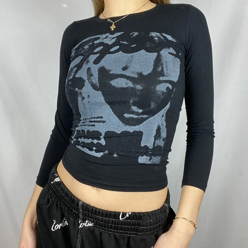 Cyber Y2k Print T-shirt 90s Women Vintage Crop Top Y2k Aesthetic