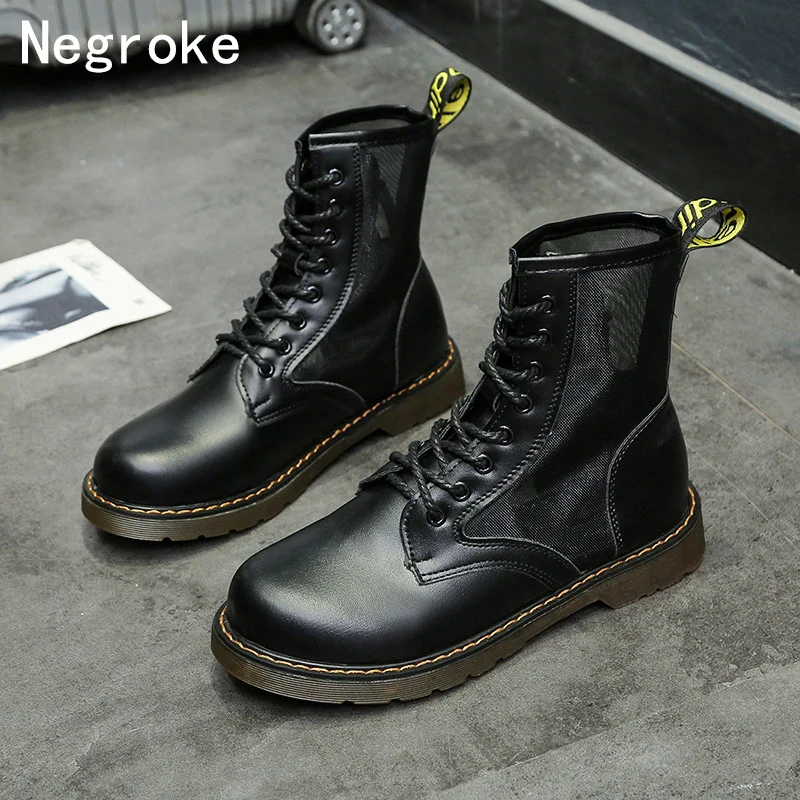

2020 New Punk Style Martin Boots Women Summer Autumn Openwork Mesh Motorcycle Boot PU Leather Chunky Shoes Zapato Mujer