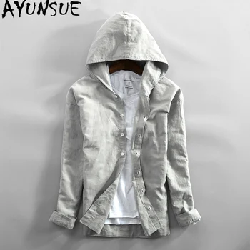 

AYUNSUE Men's Shirt Hooded Spring Summer Cotton Linen Shirts Men Vintage Clothes Korean Long Sleeve Camisas Para Hombre 2020 KJ