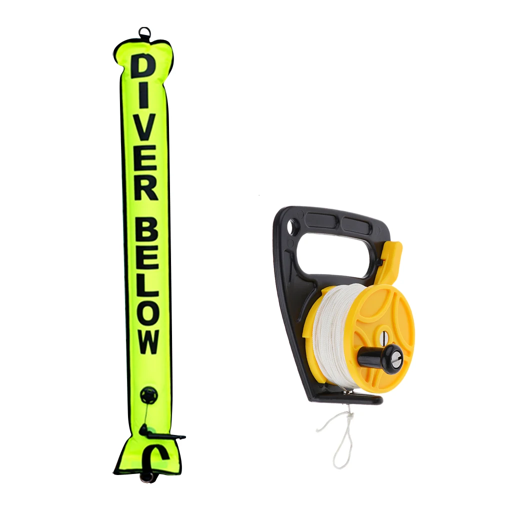 4 Foot Scuba Diving Snorkeling '' Diver Below'' SMB Surface Marker Buoy Safety Sausage Float & Dive Reel Finger Spool Accessori