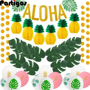 

Hawaiian Aloha Party Decorations Set Gold Glittery Aloha Banner Pineapples Artificial Palm Leaves for Tropical Luau Party Supply
