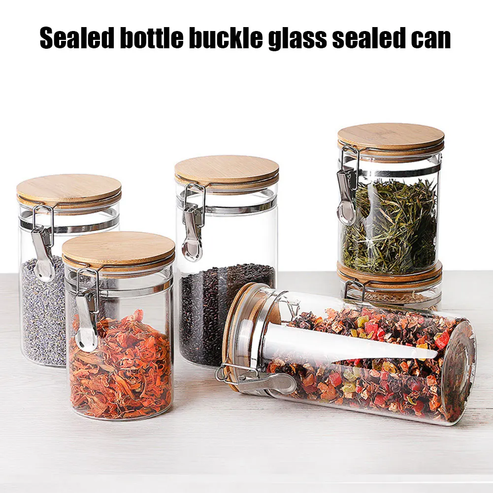 

1PCS Small Glass Bottles Glass Jar Tea Sugar Bean Coffee Salt Food Storage Container with Bamboo Lid Sealed Kitchen Accessories