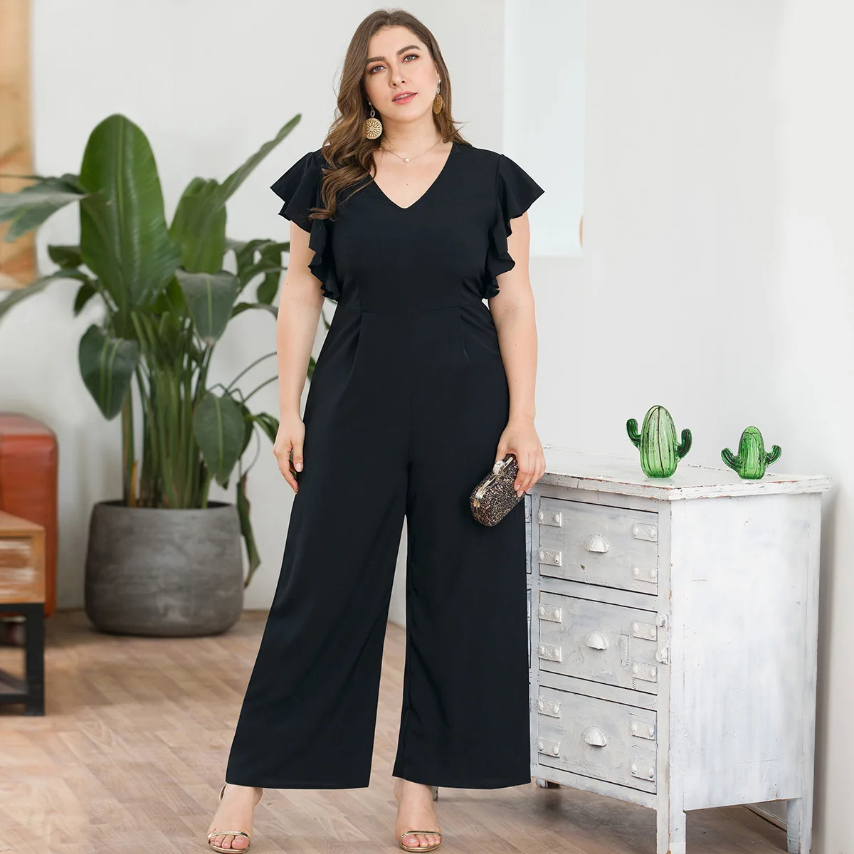

Women's summer V-neck ruffled flying sleeves high waist wide leg large size jumpsuit intellectual straight pants