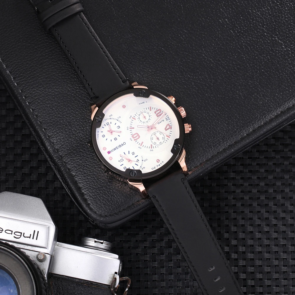 Three Time Classic Fashion Sports Luxury Men's Chronograph Quartz Watch Date Display Leather Strap Gold Clock Relogio Femme | Наручные