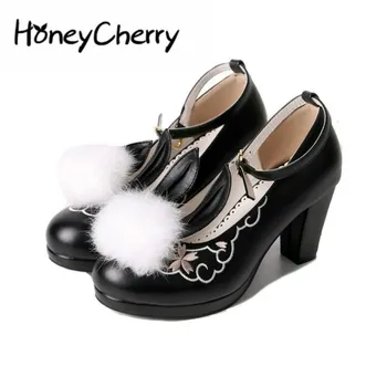 

Shoes Woman High Heel New Japanese Lolita Shoes Cos Uniform Shoes Cute Rabbit Ears Wool Ball High Heels Rabbit Hair High Heels