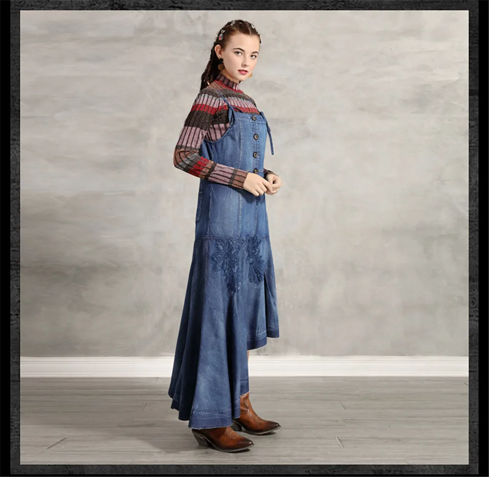 Vintage Denim Women's Dress 2019 Embroidery Braces Dresses Asymmetrical Long Women Strap Dress Vestidos A82193 Draped Dress (14)