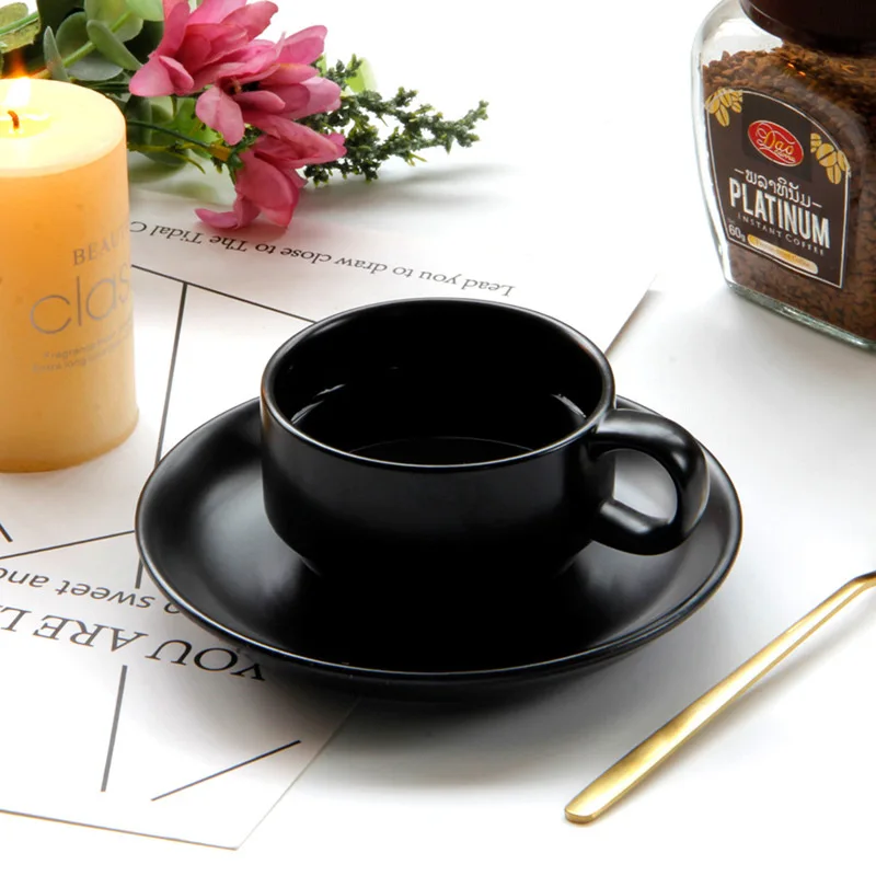 

Black frosted ceramic coffee cup with spoon matte western afternoon tea coffee cup and saucer set dessert plate tray mug