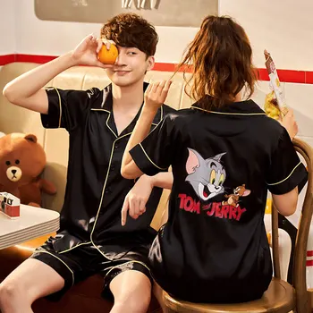 

ice silk pajamas women's summer thin short sleeve shorts two piece suit imitating silk loose men's home clothes trend