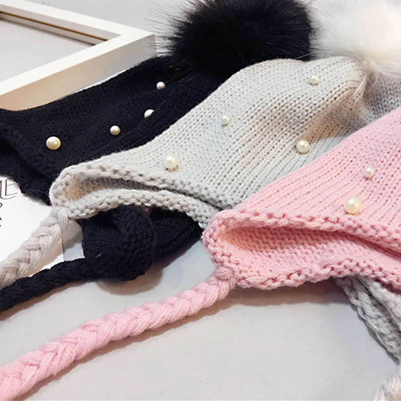 Pearl Beanies Baby Hat Pompom Winter Children Crochet Hat Toddler Boy Girl Warm Earflap Cap Solid Color Cotton Soft Beanie Cover Ears (7)