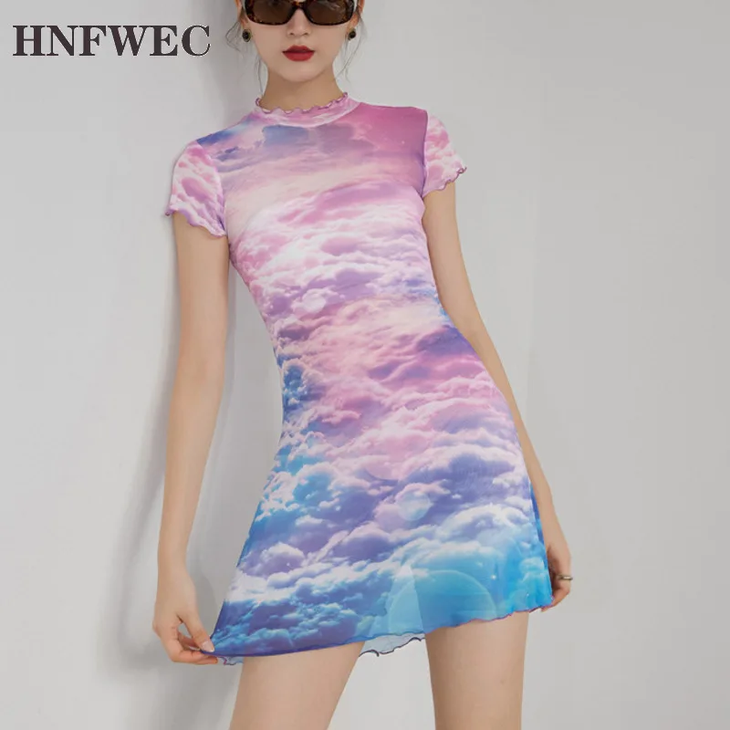 Designer Mesh Summer Bodycon Dress Women Pink Cloud Print Stand Collar Short Sleeve Tight Mini High Fashion V187 | Женская одежда