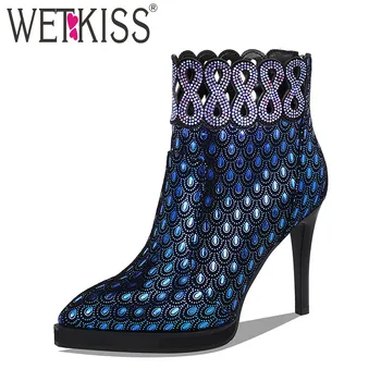 

WETKISS Kid Suede Ankle Boots Women Platform Boot Pointed Toe Party Crystal Shoes Female Print High Heels Shoes Ladies Winter